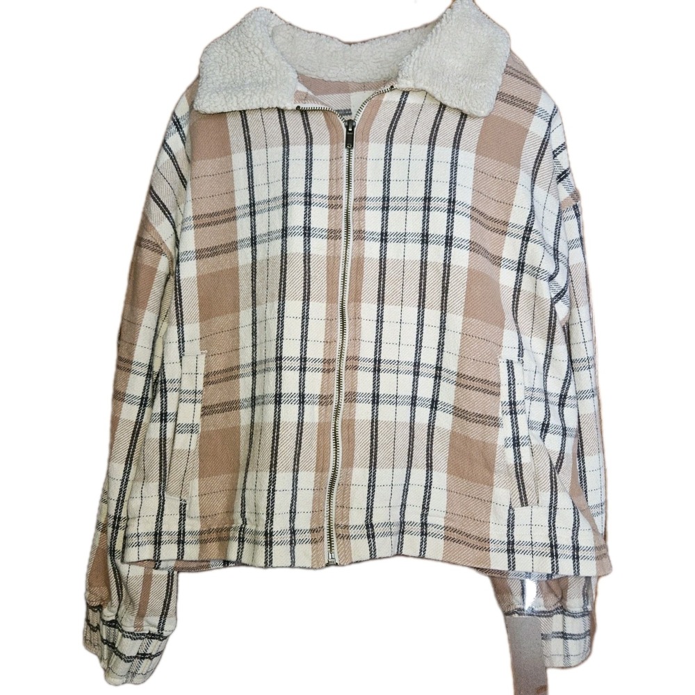 Lucky Brand Faux Shearling Plaid Jacket Shacket L Crop Zippered Coat Mixed Media